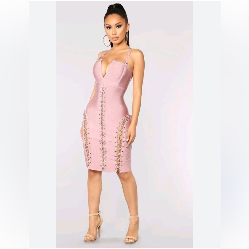 Fashion Nova Hold it Together Bandage Dress Gold Chains - Blush M